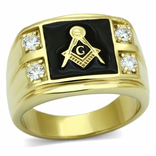 Jewellery Kingdom Masonic Signet Pinky Cubic Zirconia Military18kt Steel Black Onyx Mens Gold Ring - Jewelry Rings - British D'sire