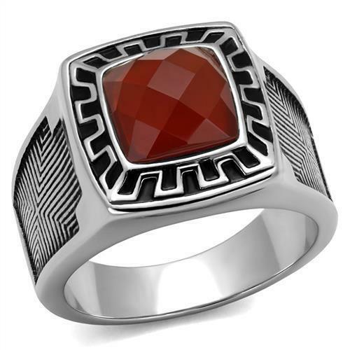 Jewellery Kingdom Menes Agate Signet Silver Stainless Steel Mans Semi Precious Ring (Red) - Jewelry Rings - British D'sire Main image
