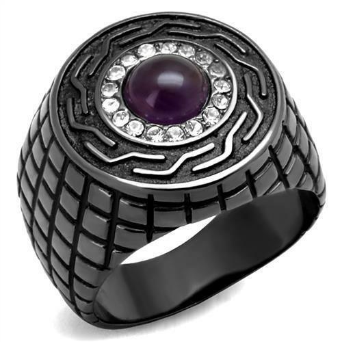 Jewellery Kingdom Mens Amethyst Signet Purple Semi Precious Stainless Steel Cubic Zirconia Ring (Black) - Jewelry Rings - British D'sire Main image
