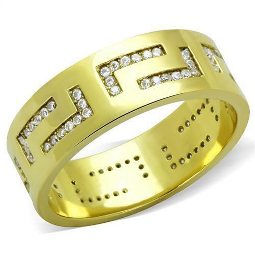 Jewellery Kingdom Mens Band Greek Key Cz 7mm 18kt Steel Wedding Thumb Chunky Ring (Gold) - Jewelry Rings - British D'sire Main image