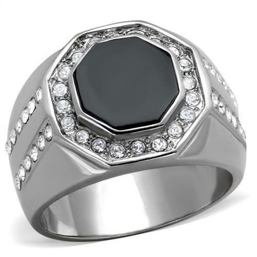Jewellery Kingdom Mens Black Onyx Signet Cz Black Jet Stainless Steel Octagon Ring (Silver) - Jewelry Rings - British D'sire Main image