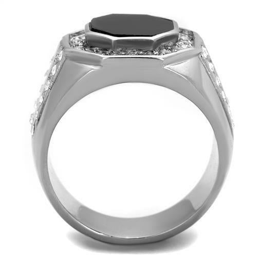 Jewellery Kingdom Mens Black Onyx Signet Cz Black Jet Stainless Steel Octagon Ring (Silver) - Jewelry Rings - British D'sire