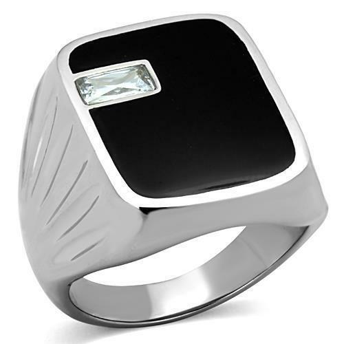 Jewellery Kingdom Mens Black Onyx Signet Cz Stainless Steel Ring (Silver) - Jewelry Rings - British D'sire