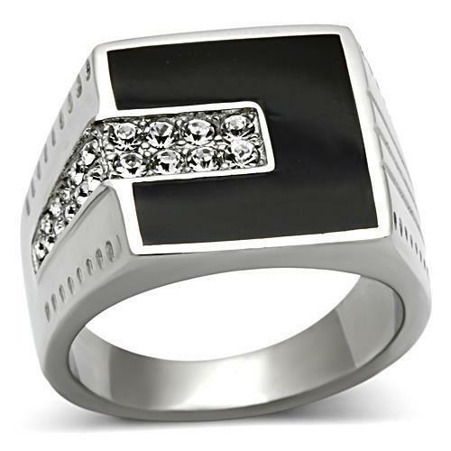 Jewellery Kingdom Mens Black Onyx Stainless Steel Signet Cz Ring (Silver) - Jewelry Rings - British D'sire Main image
