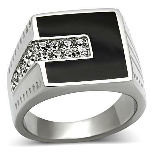 Jewellery Kingdom Mens Black Onyx Stainless Steel Signet Cz Ring (Silver) - Jewelry Rings - British D'sire