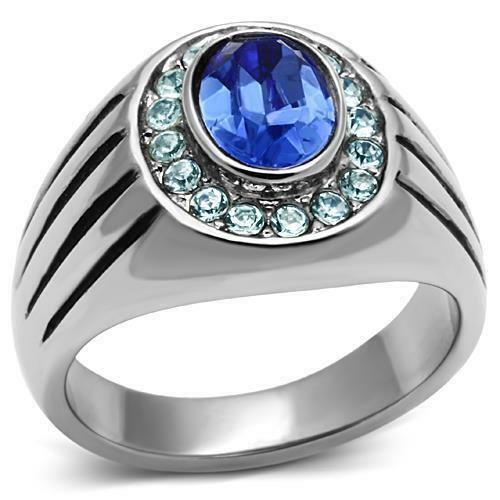 Jewellery Kingdom Mens Blue Sapphire Cz Pinky Signet Stainless Steel Oval New Silver Ring Secondary image