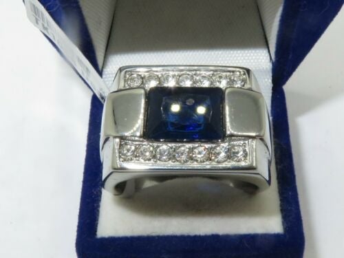 Jewellery Kingdom Mens Blue Sapphire Emerald Cut Pinky Signet Stainless Steel Ring - Rings - British D'sire Main image