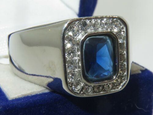 Jewellery Kingdom Mens Blue Sapphire Signet Pinky Emerald Cut Stainless Steel Ring (Silver) Secondary image