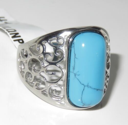 Jewellery Kingdom Mens Blue Turquoise Pinky Signet Stainless Steel Ring Secondary image