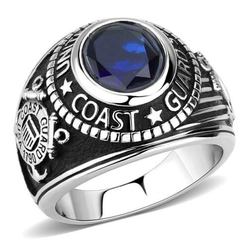 Jewellery Kingdom Mens Coast Guard Stainless Steel Sapphire Pinky Signet Ring - Jewelry Rings - British D'sire