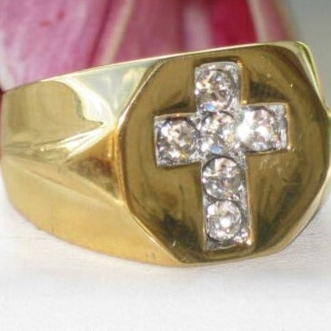 Jewellery Kingdom Mens Cross Cubic Zirconia Signet Pinky Steel 18kt Ring (Gold) - Jewelry Rings - British D'sire Main image