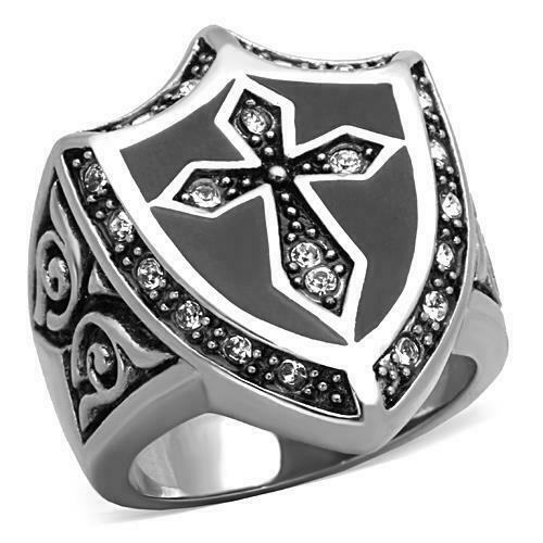 Jewellery Kingdom Mens Cross Cz Biker Silver Stainless Steel Pinky Signet Ring - Jewelry Rings - British D'sire