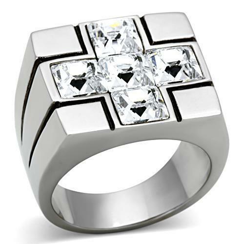 Jewellery Kingdom Mens Cross Cz Princess Cut Square Chunky Signet Stainless Steel Ring (Silver) - Jewelry Rings - British D'sire Main image
