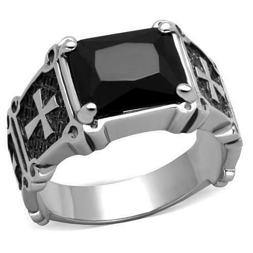 Jewellery Kingdom Mens Cross Jet Cubic Zirconia Stainless Steel Signet Pinky Ring (Black) - Jewelry Rings - British D'sire