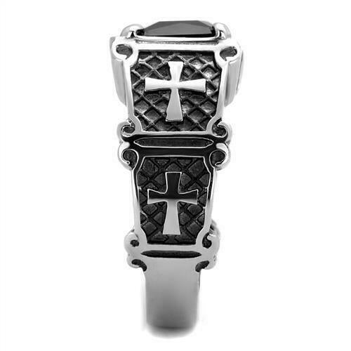 Jewellery Kingdom Mens Cross Jet Cubic Zirconia Stainless Steel Signet Pinky Ring (Black) - Jewelry Rings - British D'sire