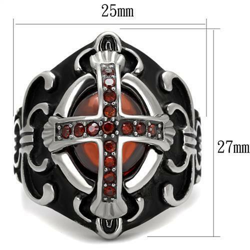 Jewellery Kingdom Mens Cross Signet Pinky Biker Goth Garnet Stainless Steel Silver Ring (Red) Secondary image