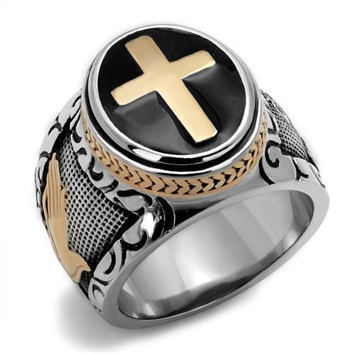 Jewellery Kingdom Mens Cross Signet Pinky Stainless Steel Rose Gold Detailed Biker Ring (Black) - Jewelry Rings - British D'sire Main image