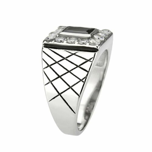 Jewellery Kingdom Mens Cz Signet Cubic Zirconia Pinky Stainless Steel Jet Emerald Ring (Silver) - Jewelry Rings - British D'sire