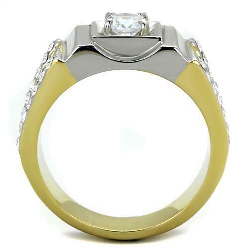 Jewellery Kingdom Mens Cz Signet Pinky 1.50cart Solitaire Two Tone Stainless Steel Ring (Gold) - Jewelry Rings - British D'sire
