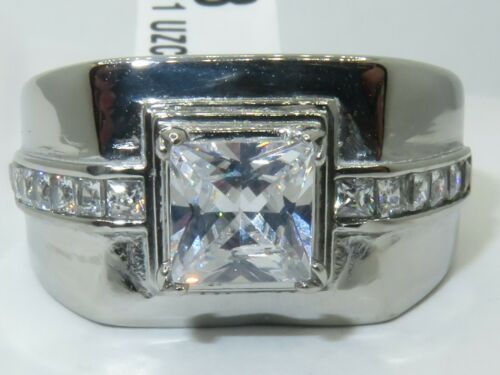 Jewellery Kingdom Mens Cz Square Princess Ct Stainless Steel Signet Pinky 3 Carat Ring (Silver) - Jewelry Rings - British D'sire Main image