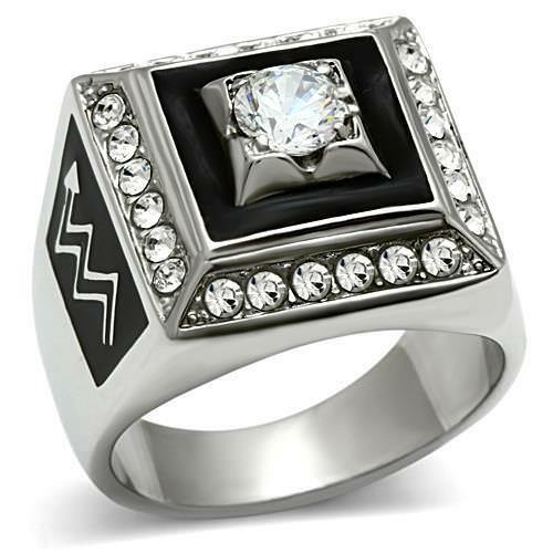 Jewellery Kingdom Mens Cz Square Signet Stainless Steel Silver Classy Mans Ring (Black) - Jewelry Rings - British D'sire Main image