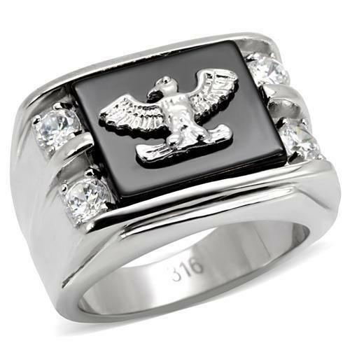Jewellery Kingdom Mens Eagle Onyx Signet Stainless Steel Cz Military Ring (Black Silver) - Jewelry Rings - British D'sire Main image