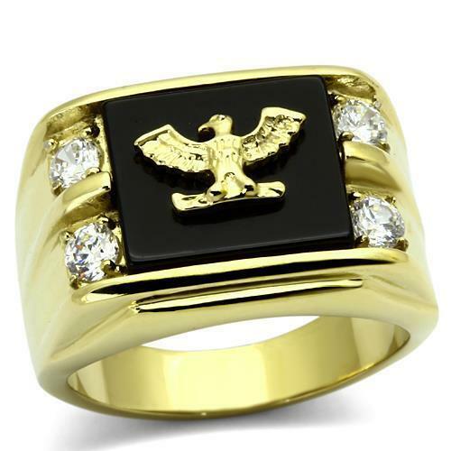 Jewellery Kingdom Mens Eagle Signet Onyx Steel 18kt Cubic Zirconia All Sizes Ring (Gold) - Jewelry Rings - British D'sire Main image