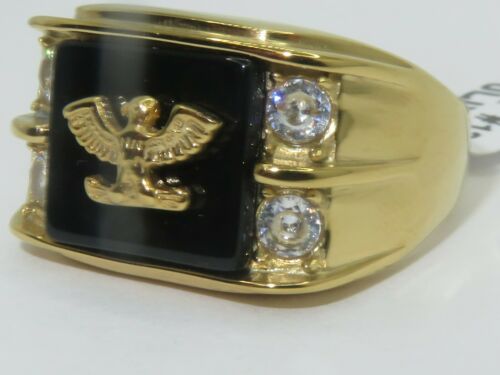 Jewellery Kingdom Mens Eagle Signet Onyx Steel 18kt Cubic Zirconia Military Ring (Gold) - Jewelry Rings - British D'sire