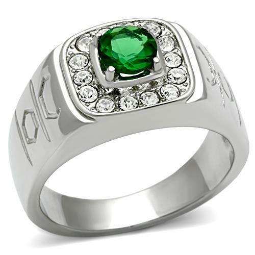 Jewellery Kingdom Mens Emerald Signet Pinky Simulated Green Diamond Stainless Steel Ring - Jewelry Rings - British D'sire Main image