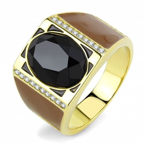 Jewellery Kingdom Mens Gold Black Ring Cz Signet Pinky Enamel Brown Steel Square Jet - Jewelry Rings - British D'sire Main image