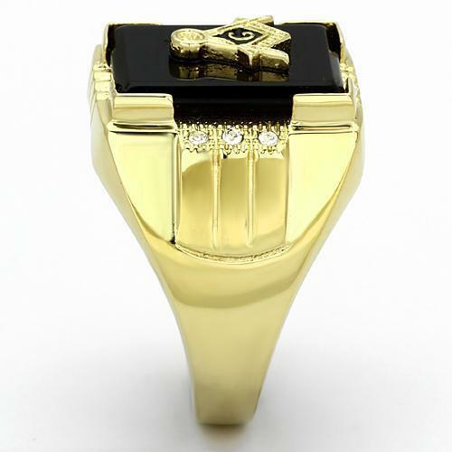Jewellery Kingdom Mens Gold Masonic Onyx Signet Military Stainless Steel 18kt X027 Ring (Black) - Jewelry Rings - British D'sire