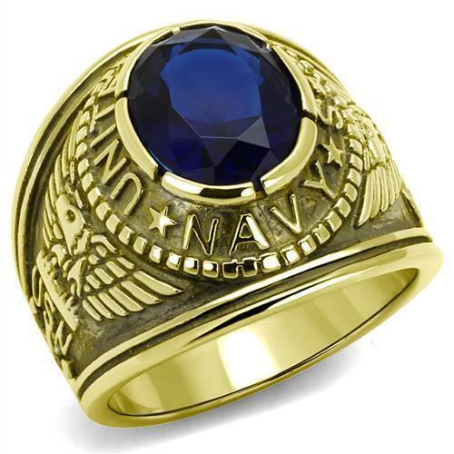 Jewellery Kingdom Mens Gold Navy Sapphire Signet Pinky Steel Military Royal Ring (Blue) - Jewelry Rings - British D'sire Main image
