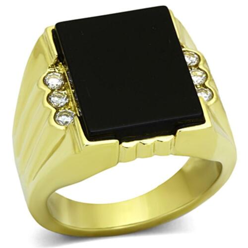 Jewellery Kingdom Mens Gold Onyx Signet Cz Genuine Gemstone 18kt Steel Emerald Cut Ring (Black) - Jewelry Rings - British D'sire