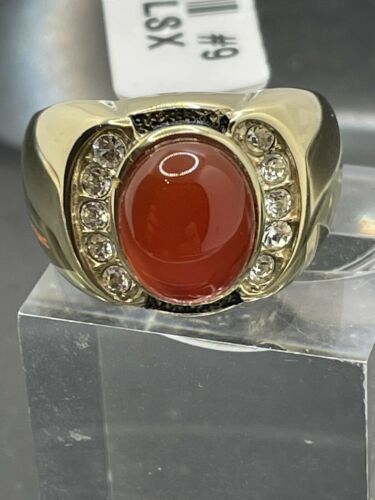 Jewellery Kingdom Mens Gold Oval Gemstone Agate Siam Signet Pinky Semi Precious Ring (Red) - Jewelry Rings - British D'sire