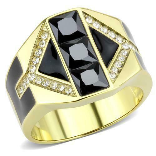 Jewellery Kingdom Mens Gold Signet Pinky 18kt Steel Classy Square Cuts Jet Ring (Black) - Jewelry Rings - British D'sire