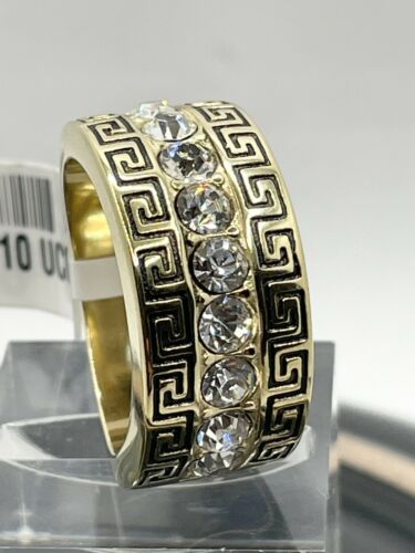 Jewellery Kingdom Mens Greek Key Band 12mm Cz Thumb Signet Pinky Steel 18kt Smart Ring (Gold) - Jewelry Rings - British D'sire Main image