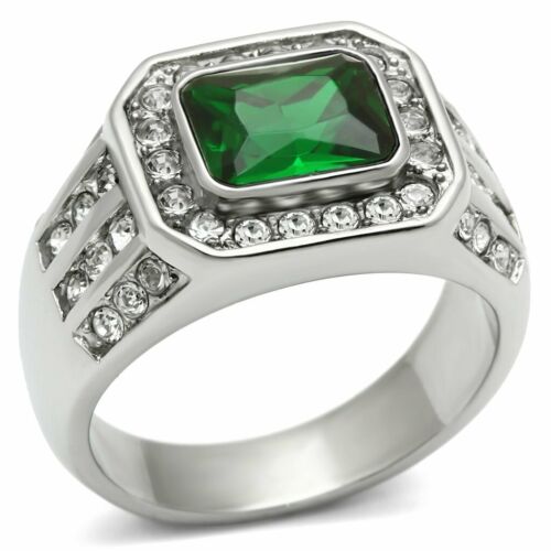 Jewellery Kingdom Mens Green Emerald Signet Pinky Stainless Steel Cubic Zirconia Ring - Jewelry Rings - British D'sire