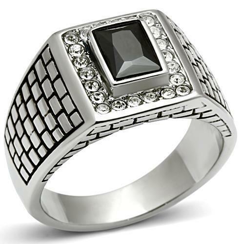 Jewellery Kingdom Mens Jet Emerald Cut Signet Stainless Steel 2 Carat Bezel Ring (Black) - Jewelry Rings - British D'sire Main image