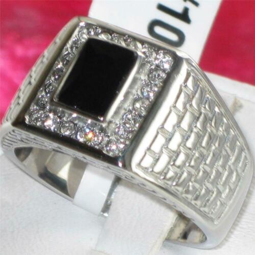 Jewellery Kingdom Mens Jet Signet Emerald Cut Cz Stainless Steel Silver Chunky Ring (Black) - Jewelry Rings - British D'sire