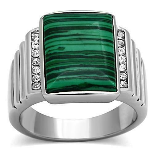 Jewellery Kingdom Mens Malachite Signet Emerald Cut Steel Ring (Gold Green & Pinky) - Jewelry Rings - British D'sire Main image