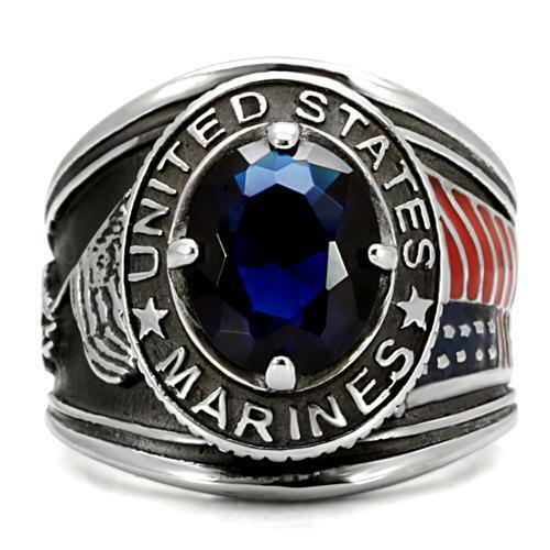 Jewellery Kingdom Mens Marines Sapphire Military Usa Stainless Steel Cz Oval Silver Ring (Blue) Secondary image