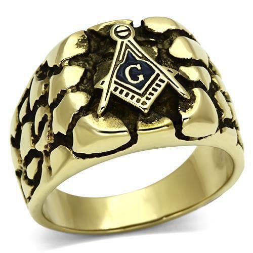 Jewellery Kingdom Mens Masonic Nugget Signet Pinky 18kt Steel Military No Tarnish Ring (Gold) - Jewelry Rings - British D'sire Main image