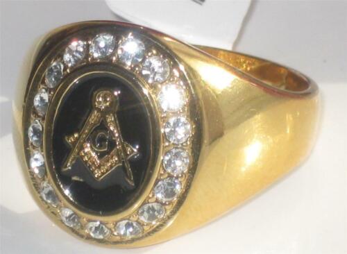 Jewellery Kingdom Mens Masonic Onyx Black Signet Pinky 18kt Steel Cubic Zirconia Gold Ring - Jewelry Rings - British D'sire