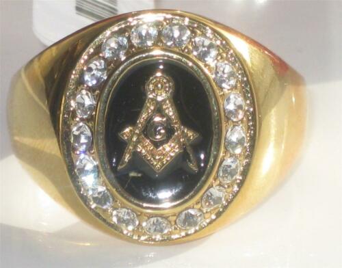 Jewellery Kingdom Mens Masonic Onyx Black Signet Pinky 18kt Steel Cubic Zirconia Gold Ring - Jewelry Rings - British D'sire