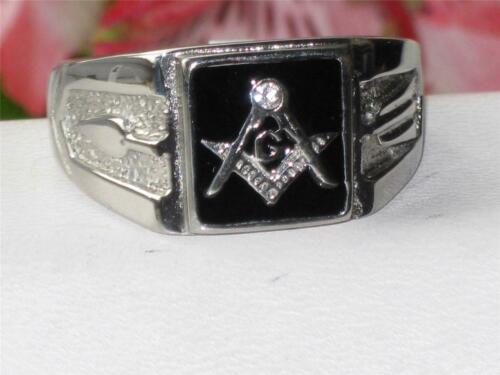 Jewellery Kingdom Mens Masonic Onyx Pinky Signet Silver Stainless Steel Cz Mans Ring (Black) - Jewelry Rings - British D'sire Main image