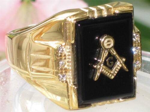 Jewellery Kingdom Mens Masonic Onyx Signet Military Cz 18kt Steel 17 Carat Masons Ring (Gold) - Jewelry Rings - British D'sire Main image