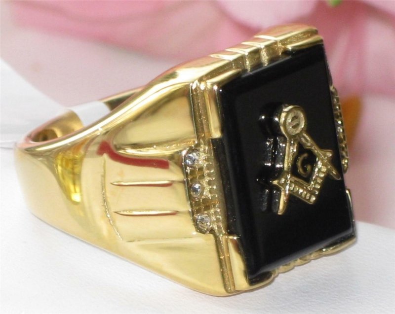 Jewellery Kingdom Mens Masonic Onyx Signet Military Cz 18kt Steel 17 Carat Masons Ring (Gold) - Jewelry Rings - British D'sire