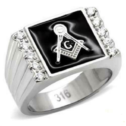 Jewellery Kingdom Mens Masonic Ring Black Signet Pinky Military Stainless Steel Cz Silver - Jewelry Rings - British D'sire