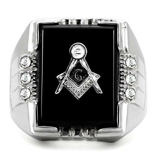 Jewellery Kingdom Mens Masonic Signet Black Agate Military Stainless Steel Ring - Jewelry Rings - British D'sire