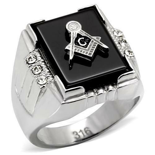 Jewellery Kingdom Mens Masonic Signet Black Agate Military Stainless Steel Ring - Jewelry Rings - British D'sire